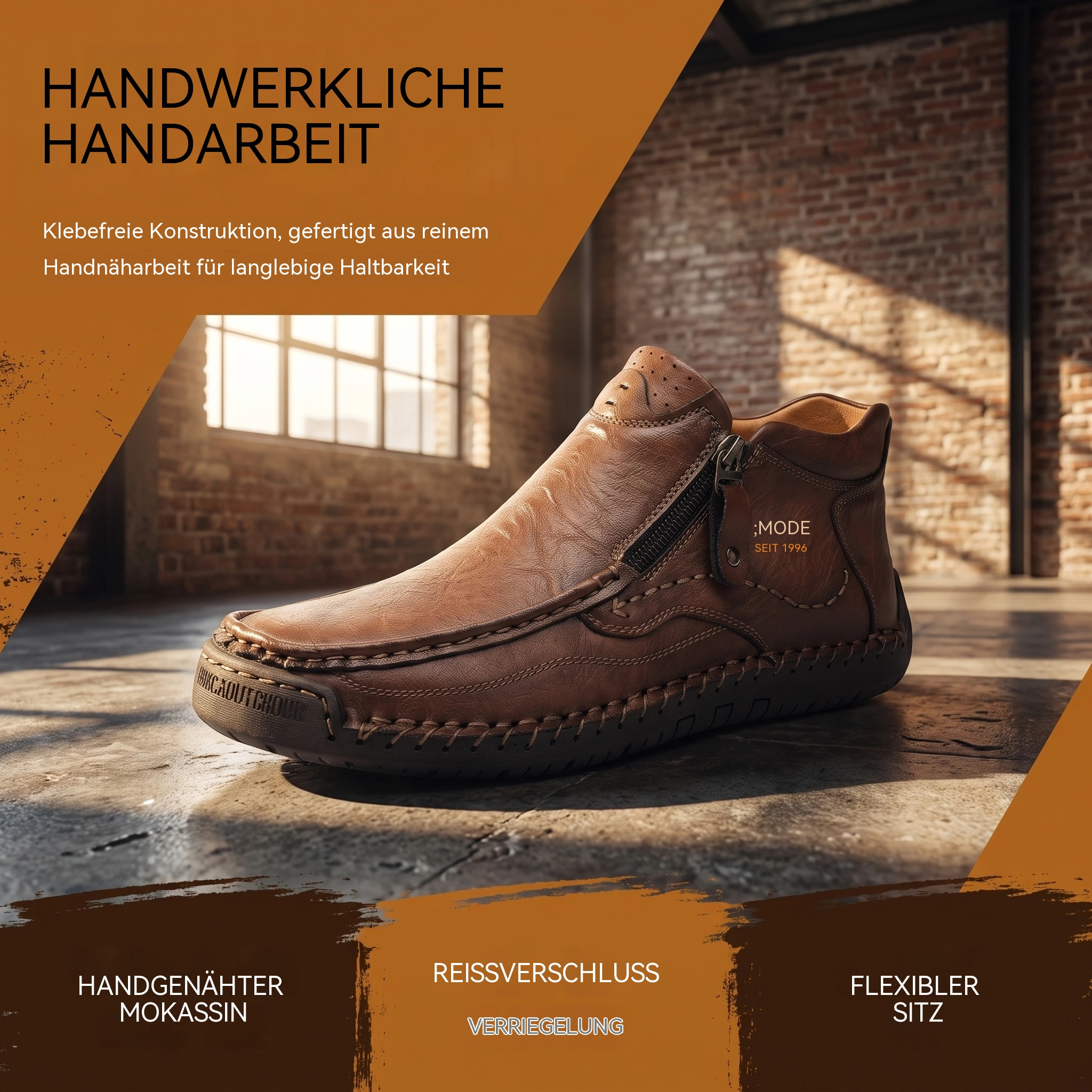 MANTRAFF® Herren-Lederstiefeletten mit Reißverschluss und handgenähten Details