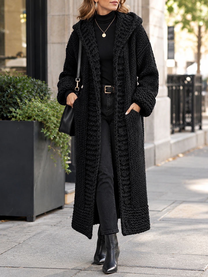 Casual, Relaxed-fit, Long, Chunky-knit Hooded Cardigan