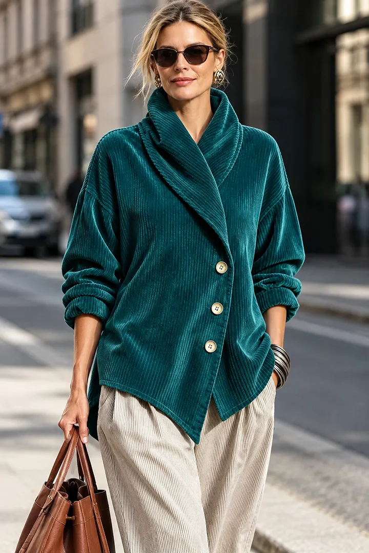 CLEARANCE SALE🔥Asymmetric Shawl Collar Corduroy Top
