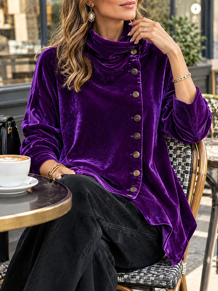 Elegant Women's Velvet High-Neck Top with Asymmetric Buttons