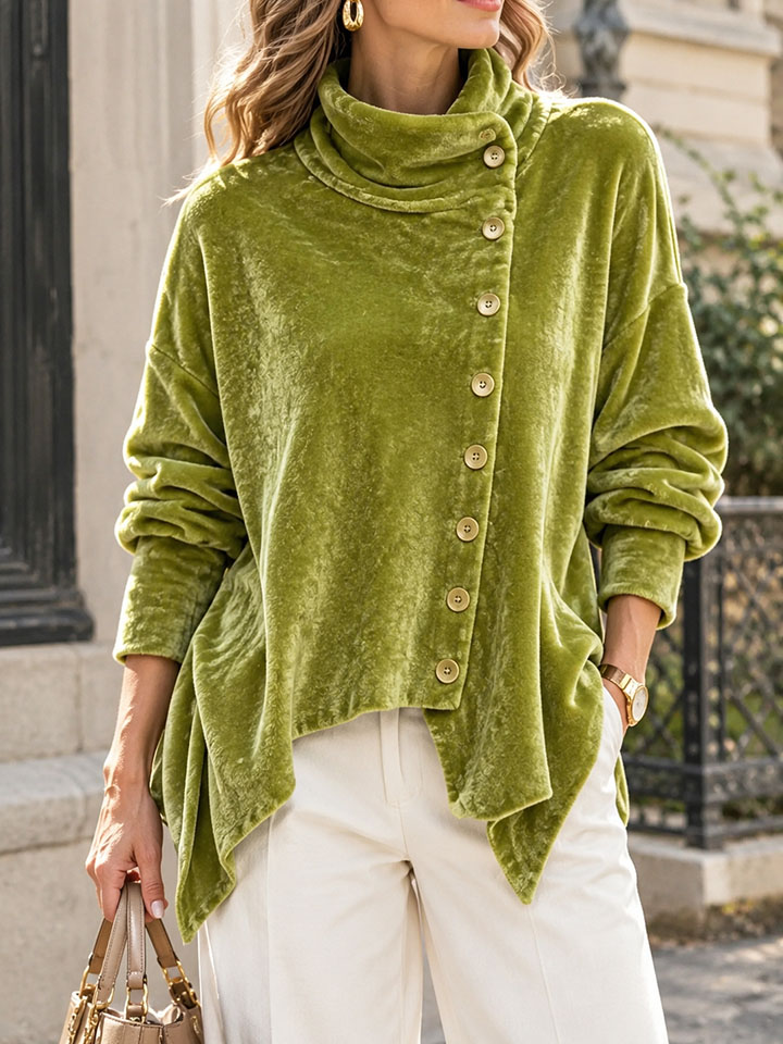 Elegant Women's Velvet High-Neck Top with Asymmetric Buttons