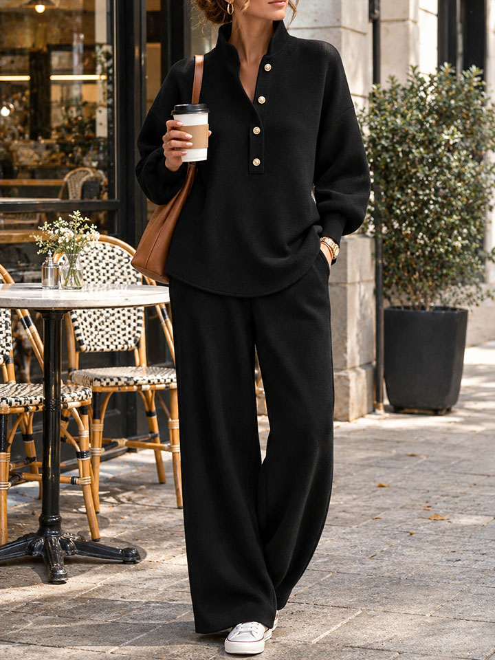 Women's Stand Collar Button Loose Sweatshirt Wide Leg Pants 2 Piece Casual Outfit Set