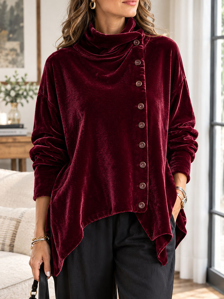 Elegant Women's Velvet High-Neck Top with Asymmetric Buttons