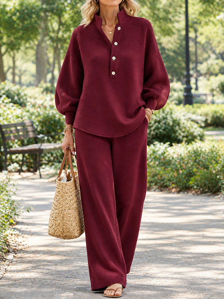 Women's Stand Collar Button Loose Sweatshirt Wide Leg Pants 2 Piece Casual Outfit Set