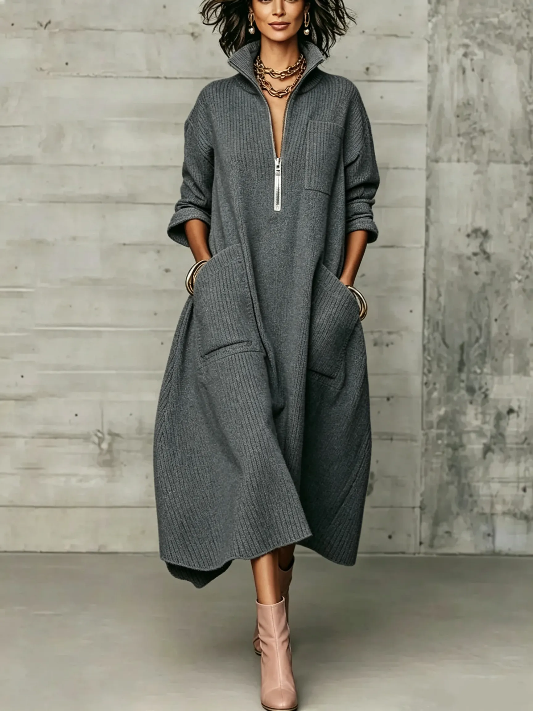 Black Friday Sale🔥Women's Quarter-Zip Knit Maxi Dress with Pockets