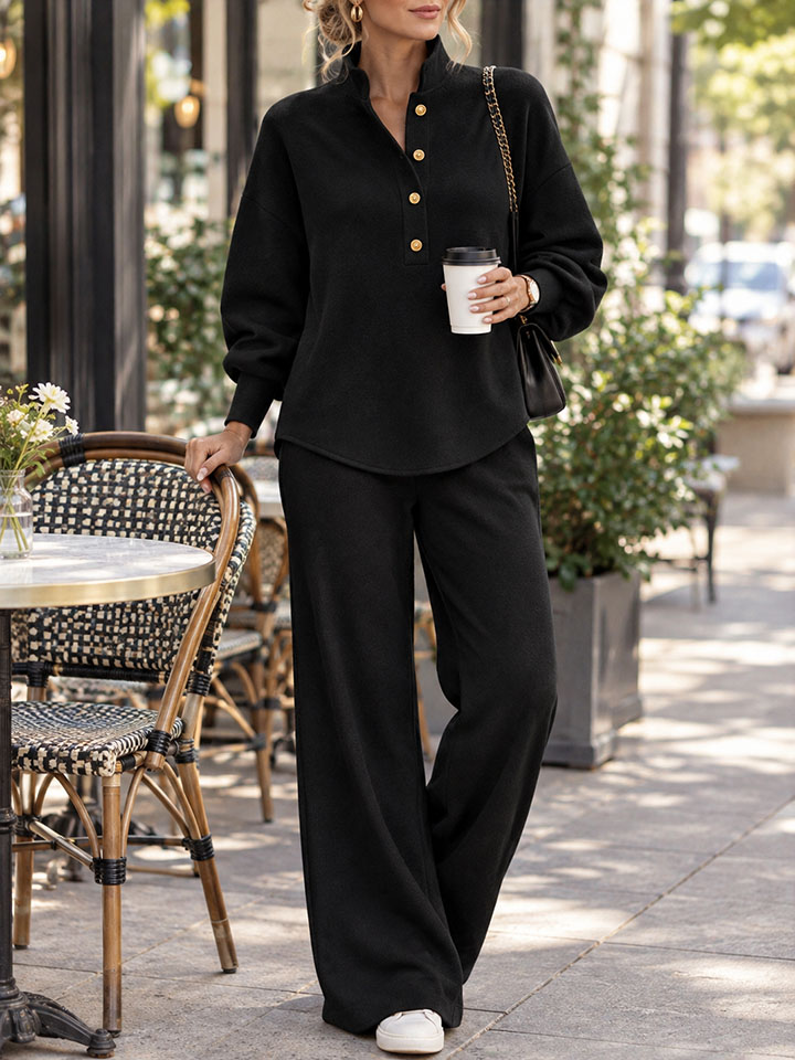 Women's Stand Collar Button Loose Sweatshirt Wide Leg Pants 2 Piece Casual Outfit Set