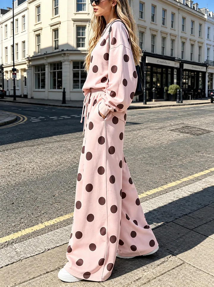 Women's Polka Dot Oversized Sweatshirt & Wide Leg Pants Two Piece Lounge Set
