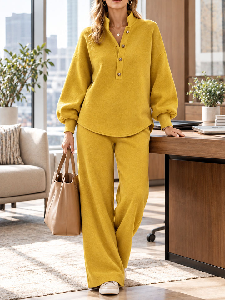 Women's Stand Collar Button Loose Sweatshirt Wide Leg Pants 2 Piece Casual Outfit Set