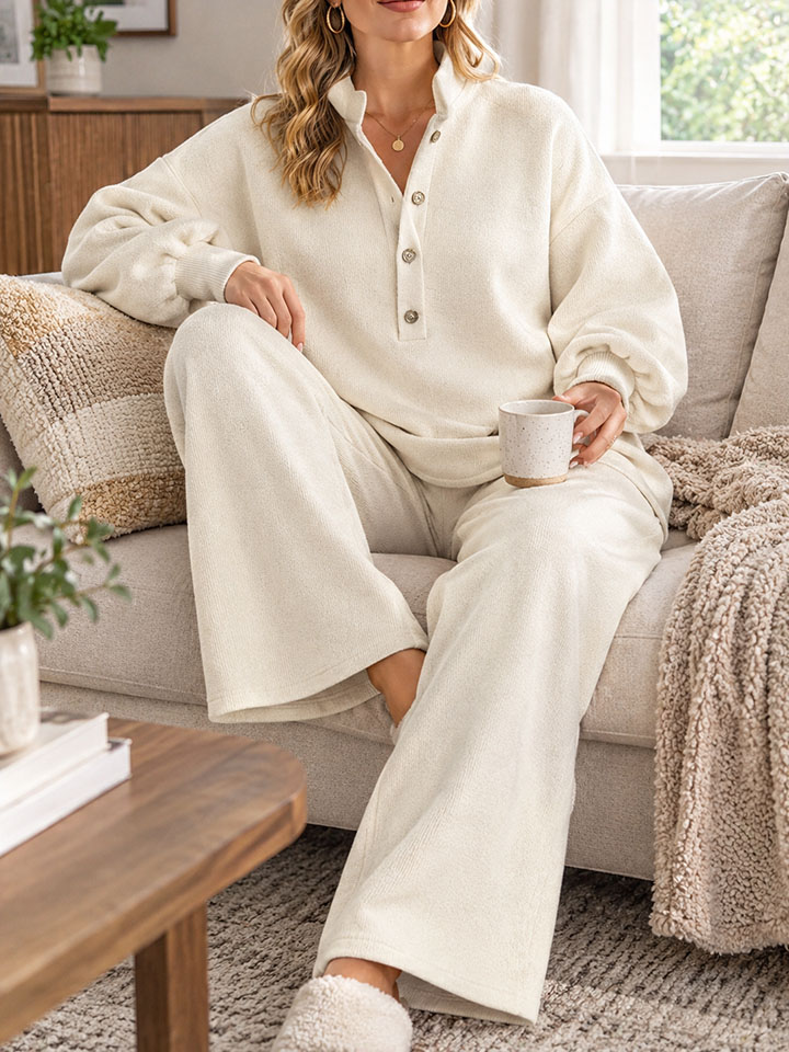Women's Stand Collar Button Loose Sweatshirt Wide Leg Pants 2 Piece Casual Outfit Set