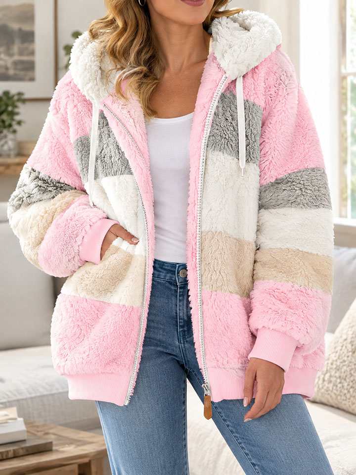 Women's Colorblock Teddy Fleece Hooded Jacket