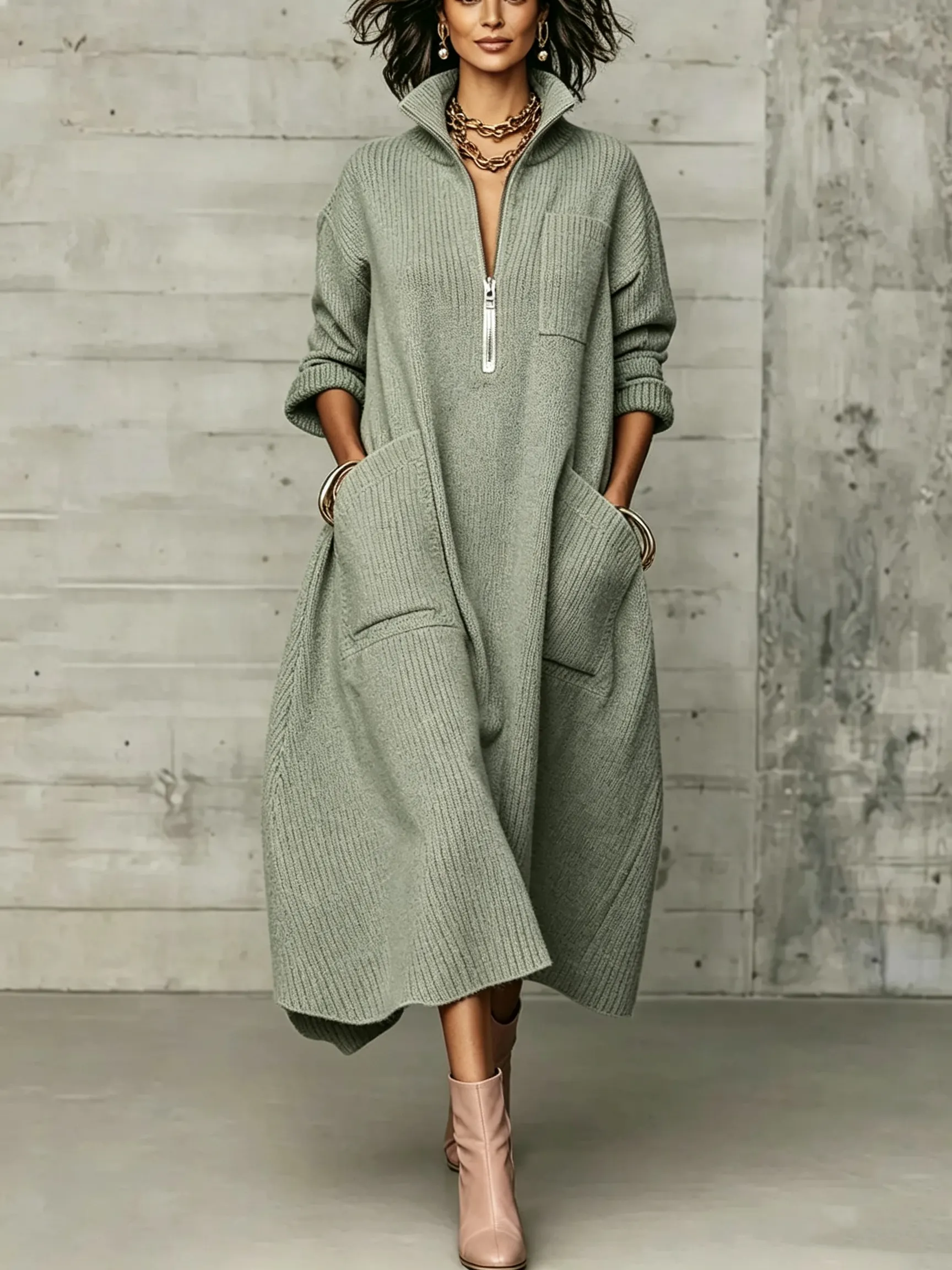 Black Friday Sale🔥Women's Quarter-Zip Knit Maxi Dress with Pockets
