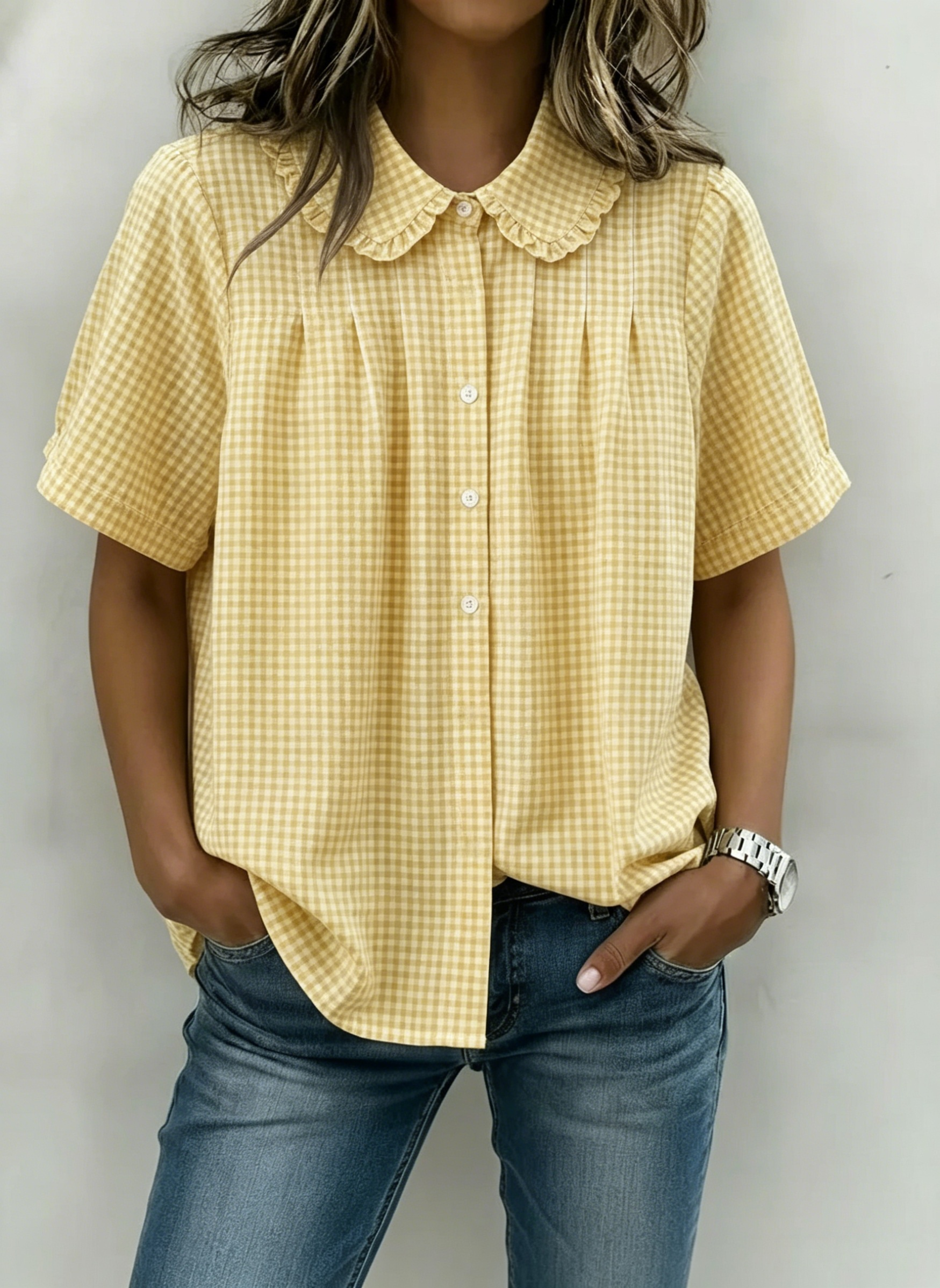 Women’s Ruffle Collar Gingham Pintuck Blouse