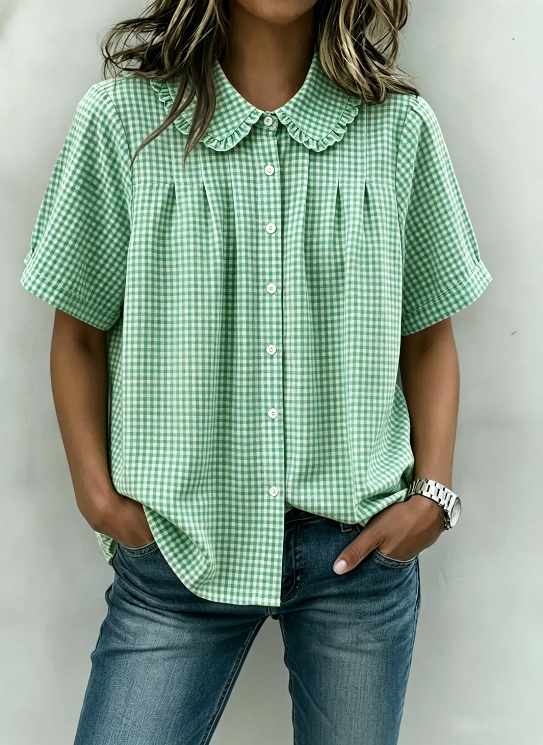 Women’s Ruffle Collar Gingham Pintuck Blouse