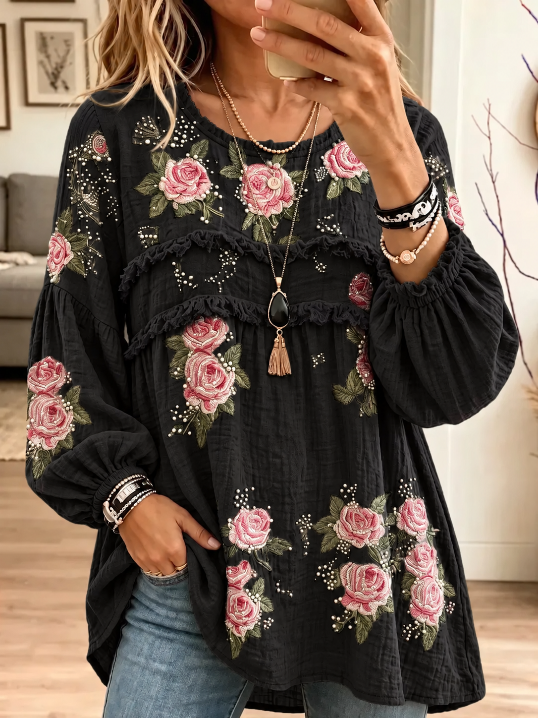 Women's Textured Crinkle Ruffle Babydoll Tunic Blouse