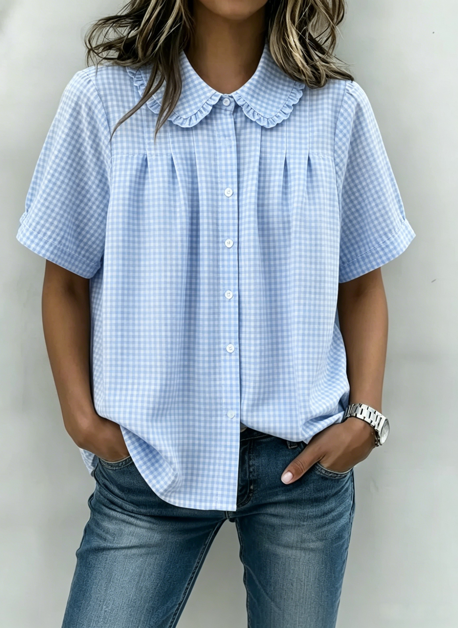 Women’s Ruffle Collar Gingham Pintuck Blouse