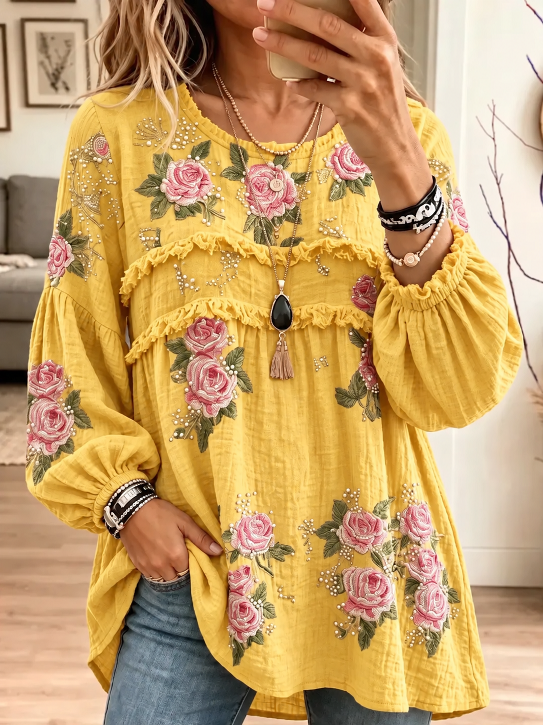 Women's Textured Crinkle Ruffle Babydoll Tunic Blouse