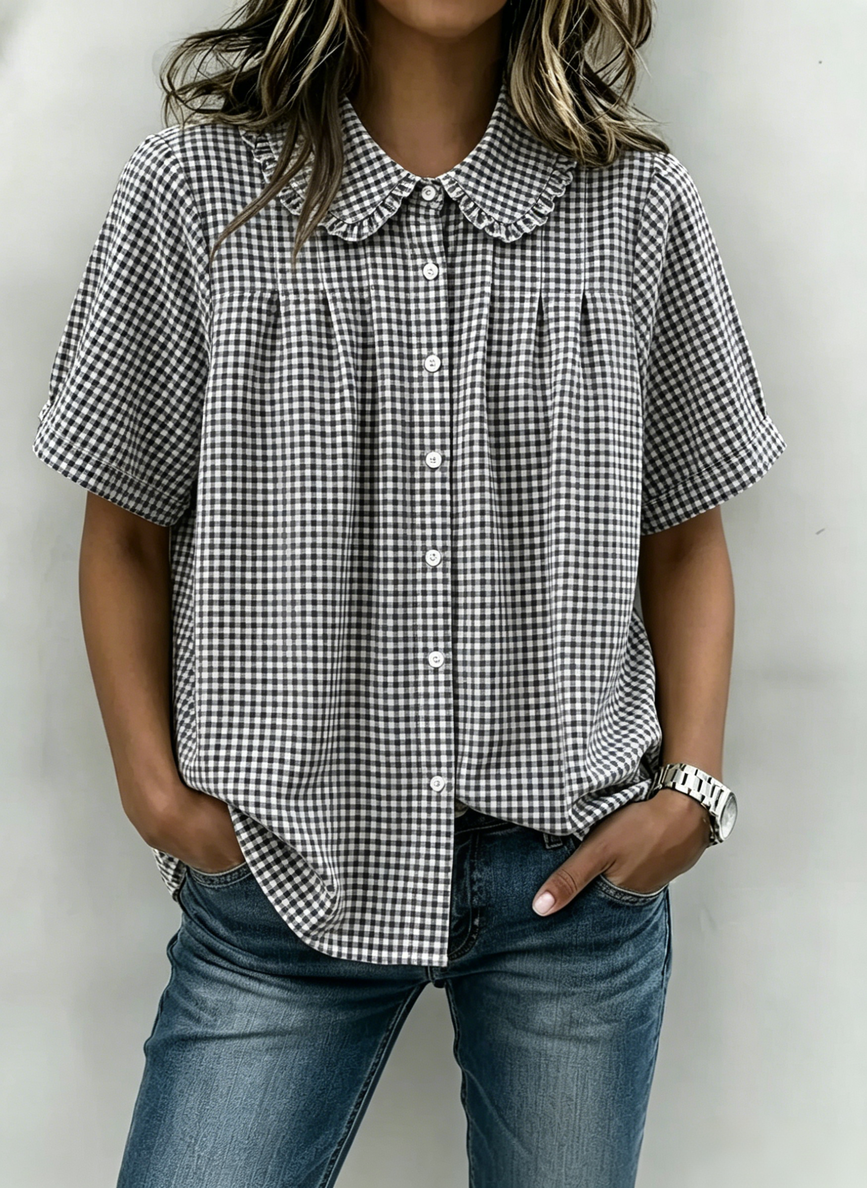 Women’s Ruffle Collar Gingham Pintuck Blouse