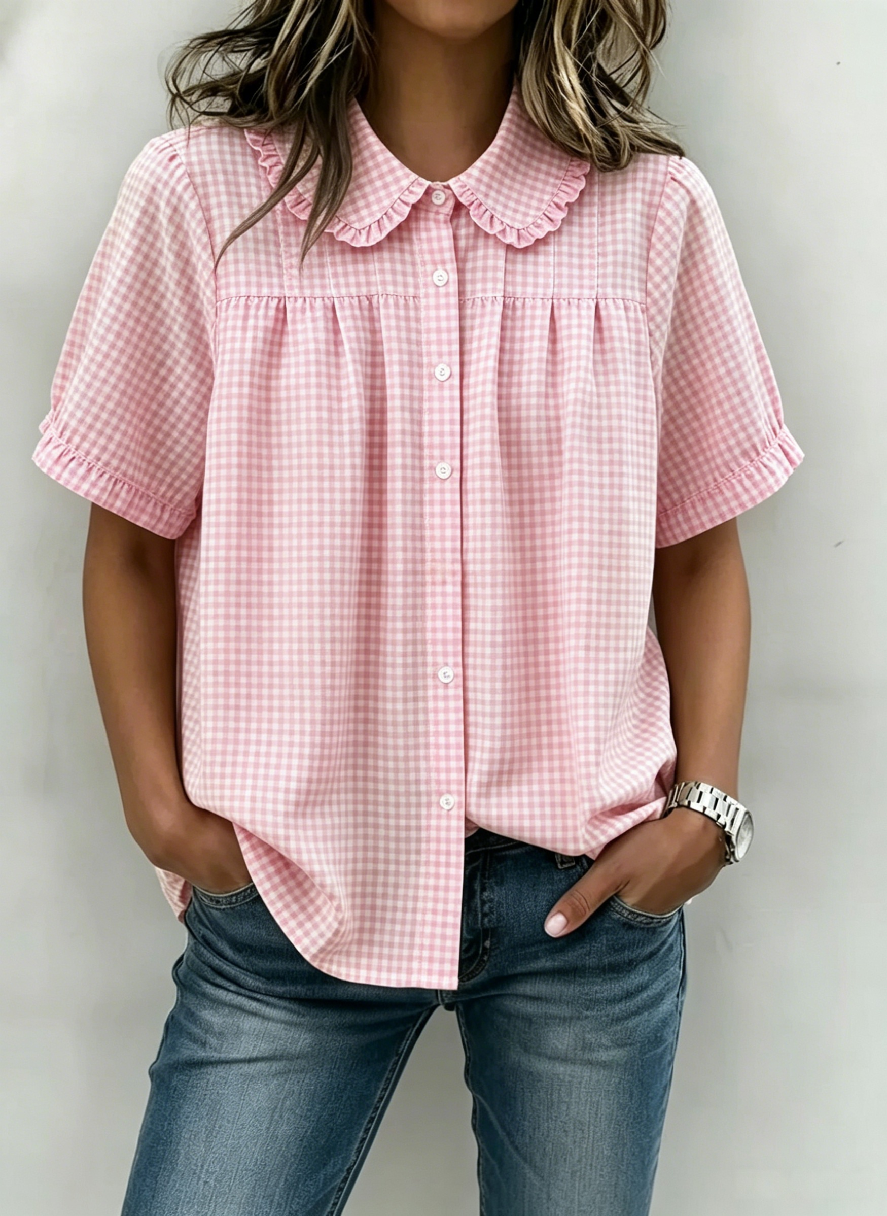 Women’s Ruffle Collar Gingham Pintuck Blouse