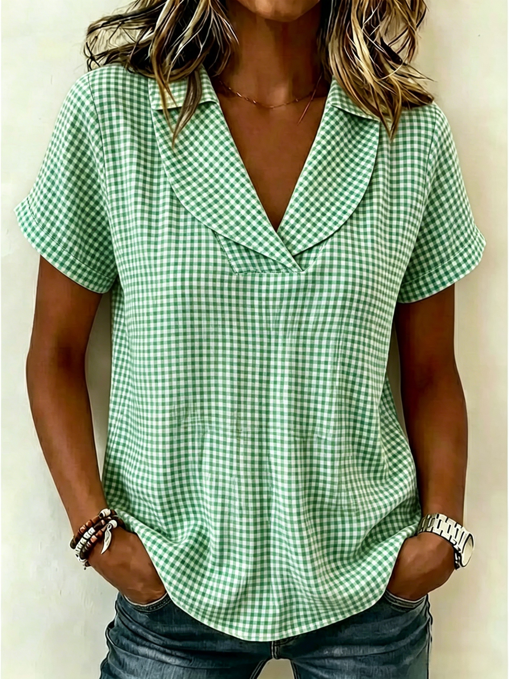 Women’s Classic Gingham V-Neck Short Sleeve Blouse