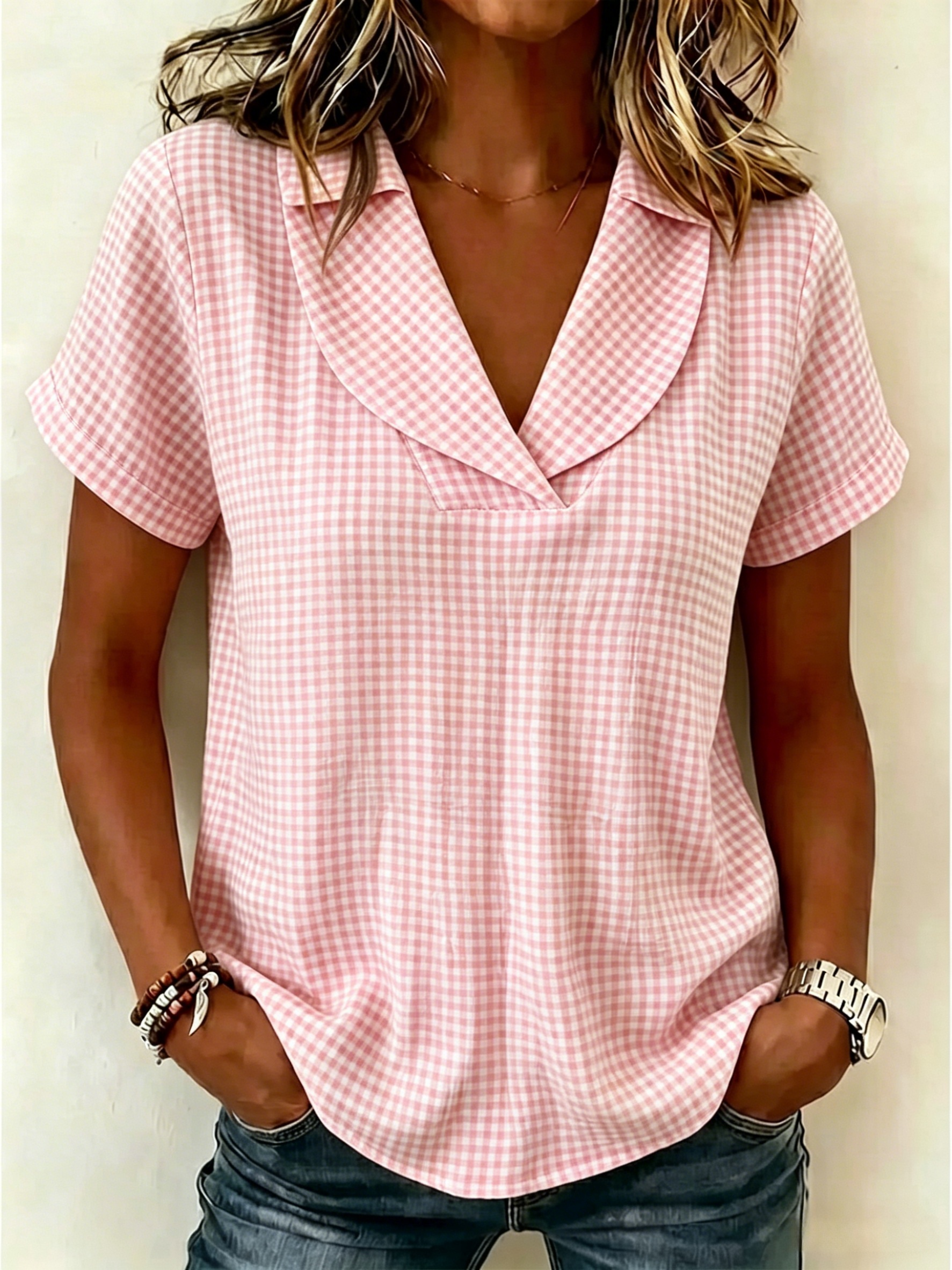 Women’s Classic Gingham V-Neck Short Sleeve Blouse