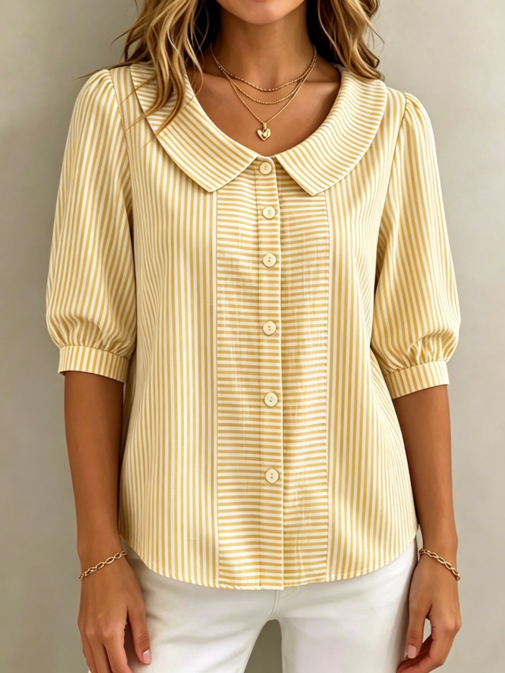 Women’s Vintage-Inspired Mixed Stripe Puff Sleeve Blouse