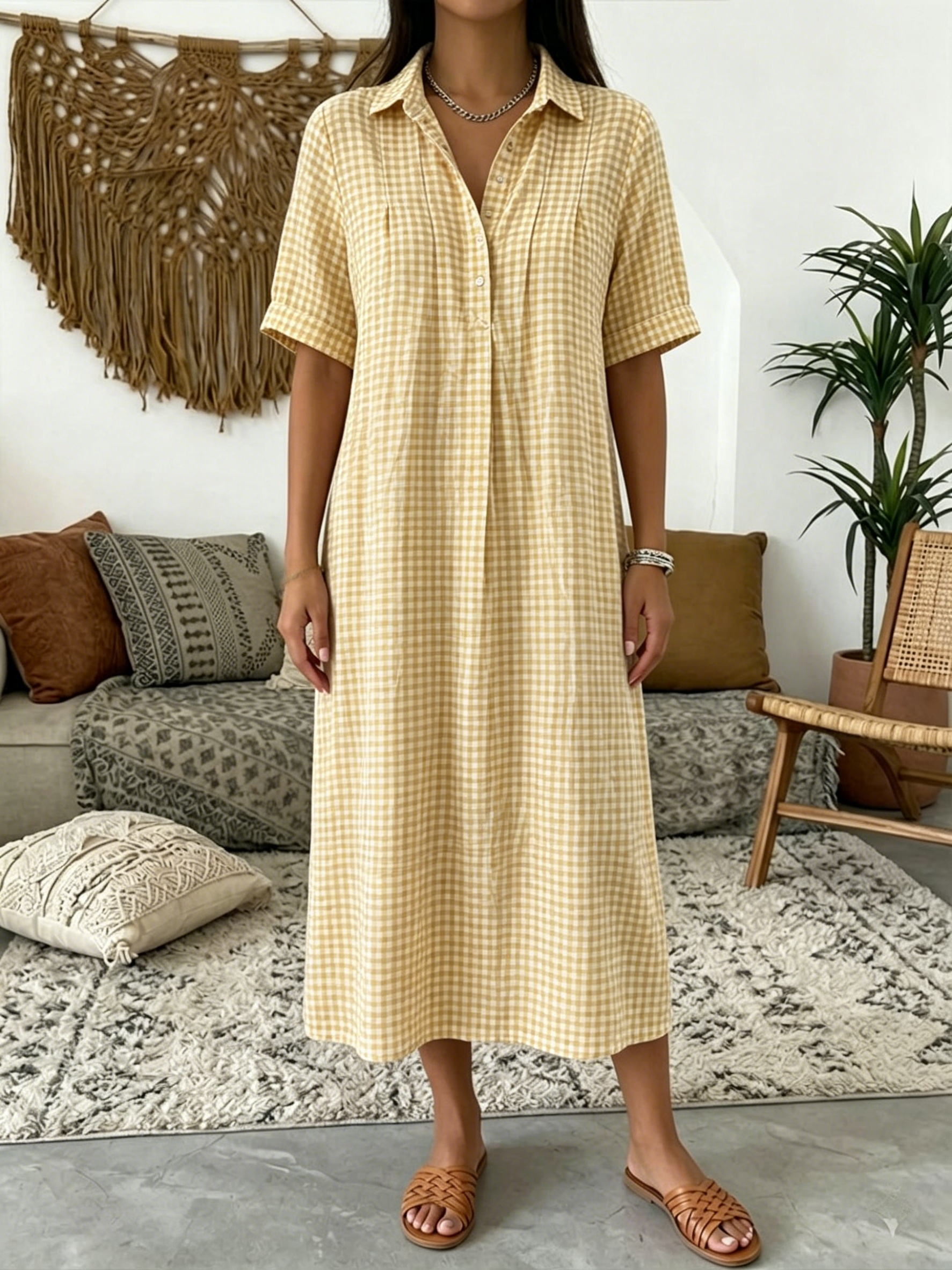Today 49% off🔥Women’s Classic Cotton& Linen Gingham Shirt Dress