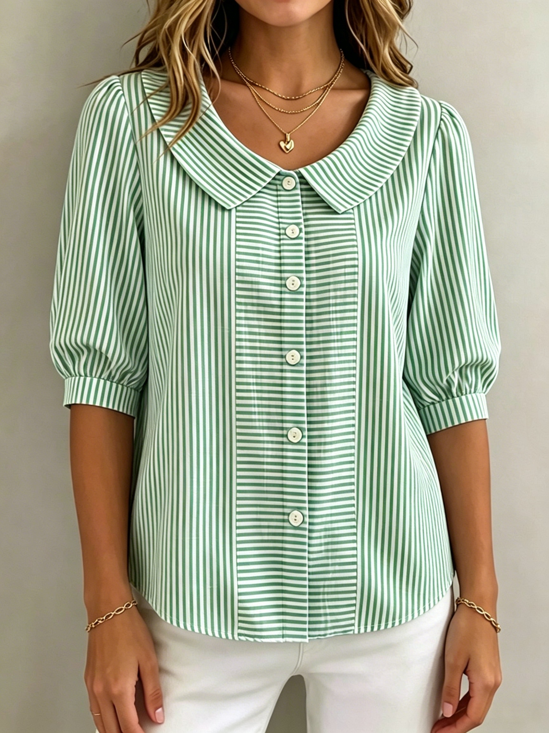 Women’s Vintage-Inspired Mixed Stripe Puff Sleeve Blouse