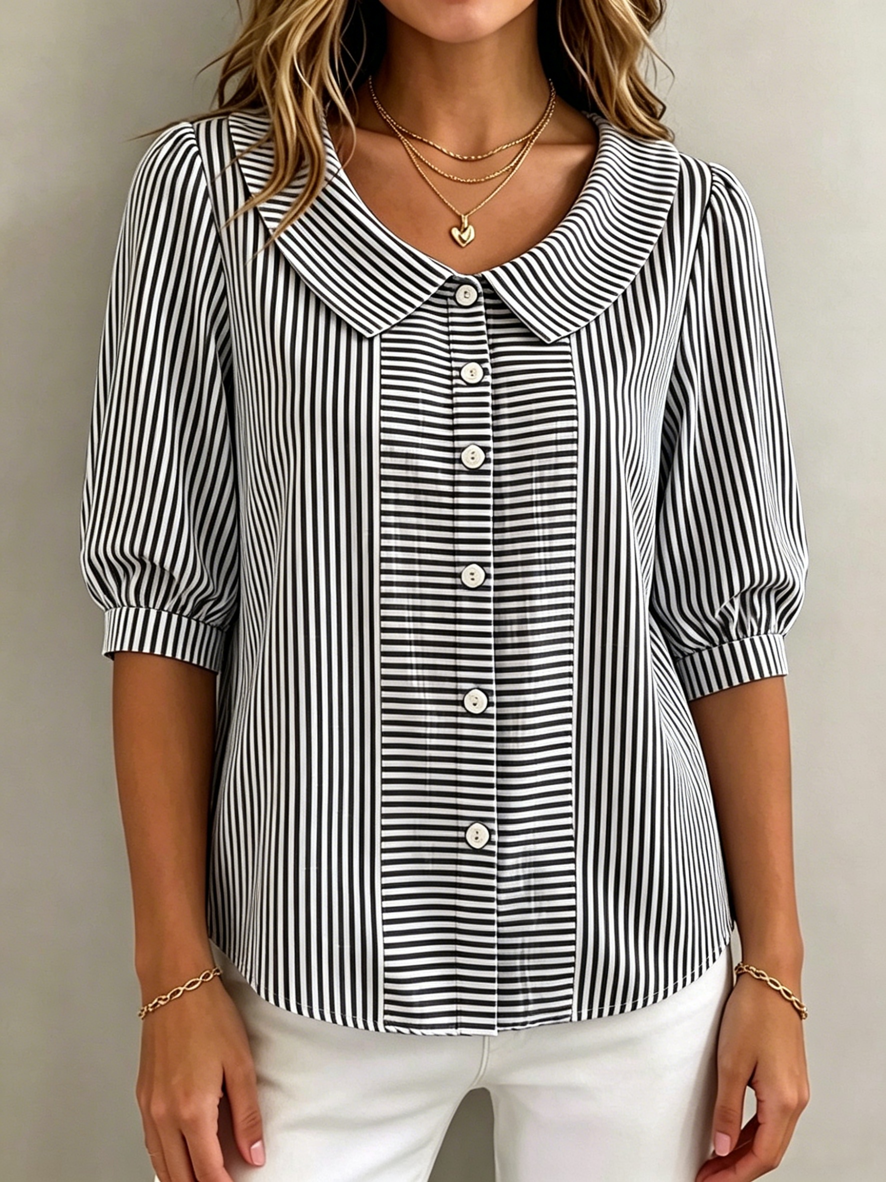 Women’s Vintage-Inspired Mixed Stripe Puff Sleeve Blouse