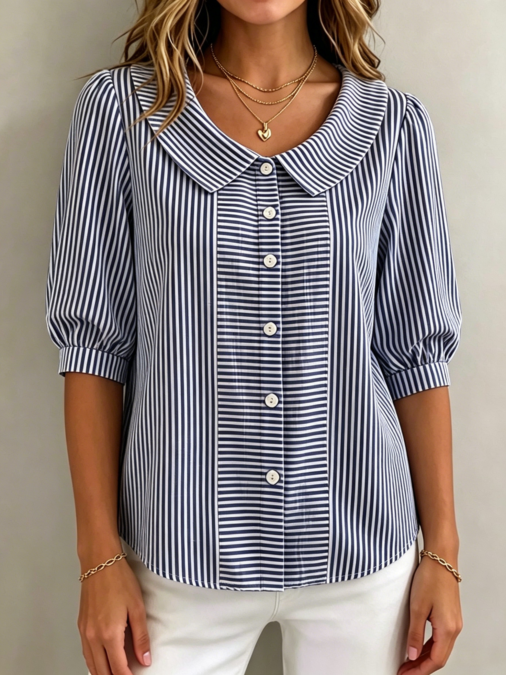 Women’s Vintage-Inspired Mixed Stripe Puff Sleeve Blouse