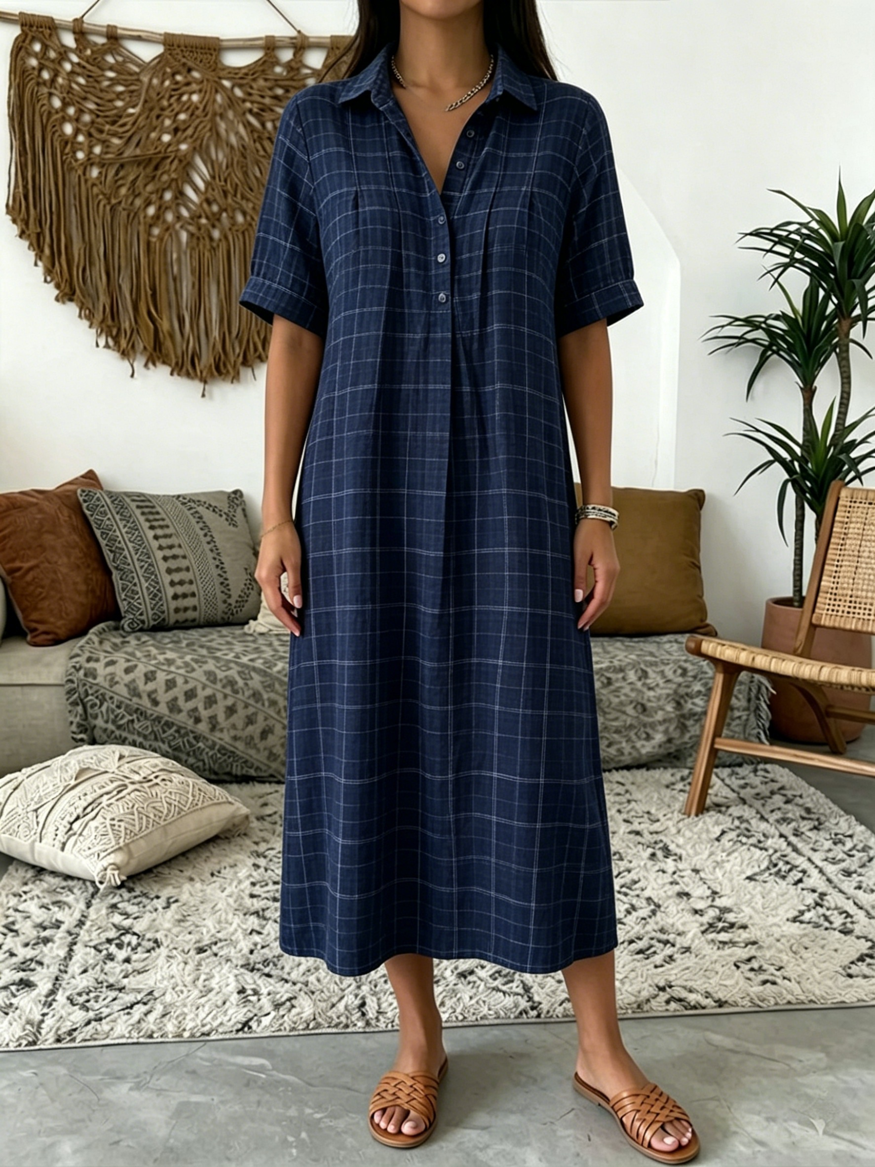 Today 49% off🔥Women’s Classic Cotton& Linen Gingham Shirt Dress