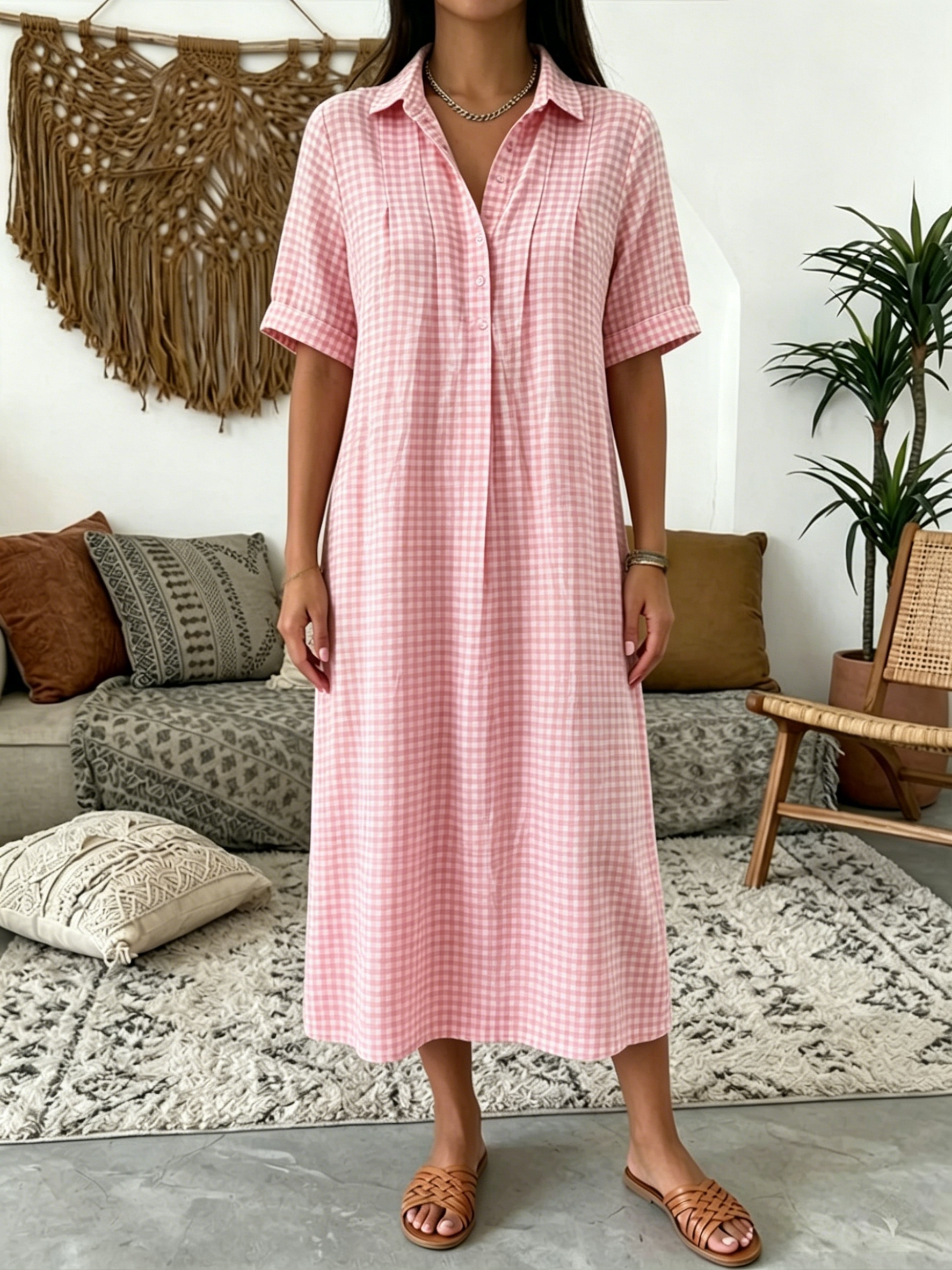 Today 49% off🔥Women’s Classic Cotton& Linen Gingham Shirt Dress