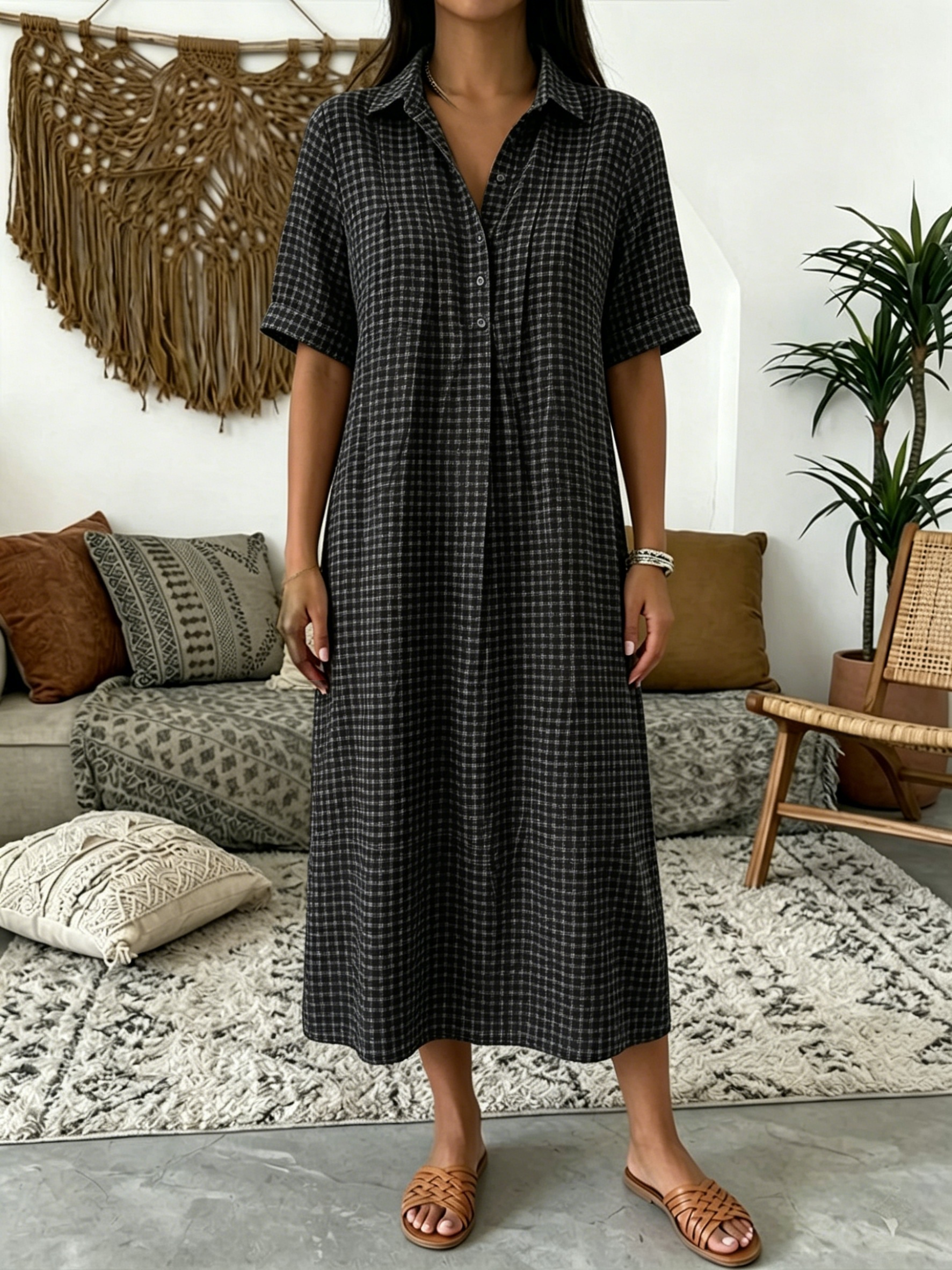 Today 49% off🔥Women’s Classic Cotton& Linen Gingham Shirt Dress