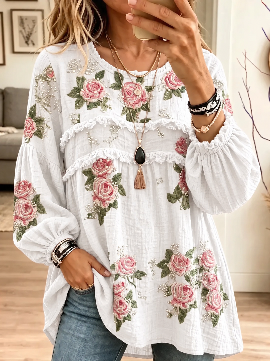 Women's Textured Crinkle Ruffle Babydoll Tunic Blouse