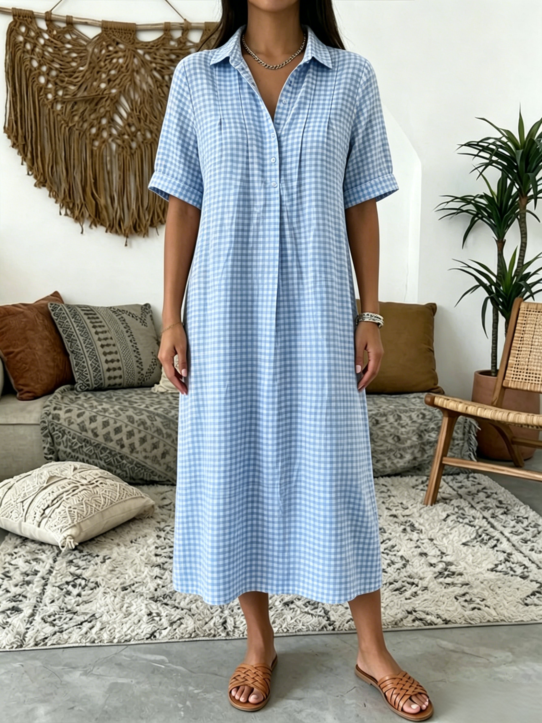 Today 49% off🔥Women’s Classic Cotton& Linen Gingham Shirt Dress