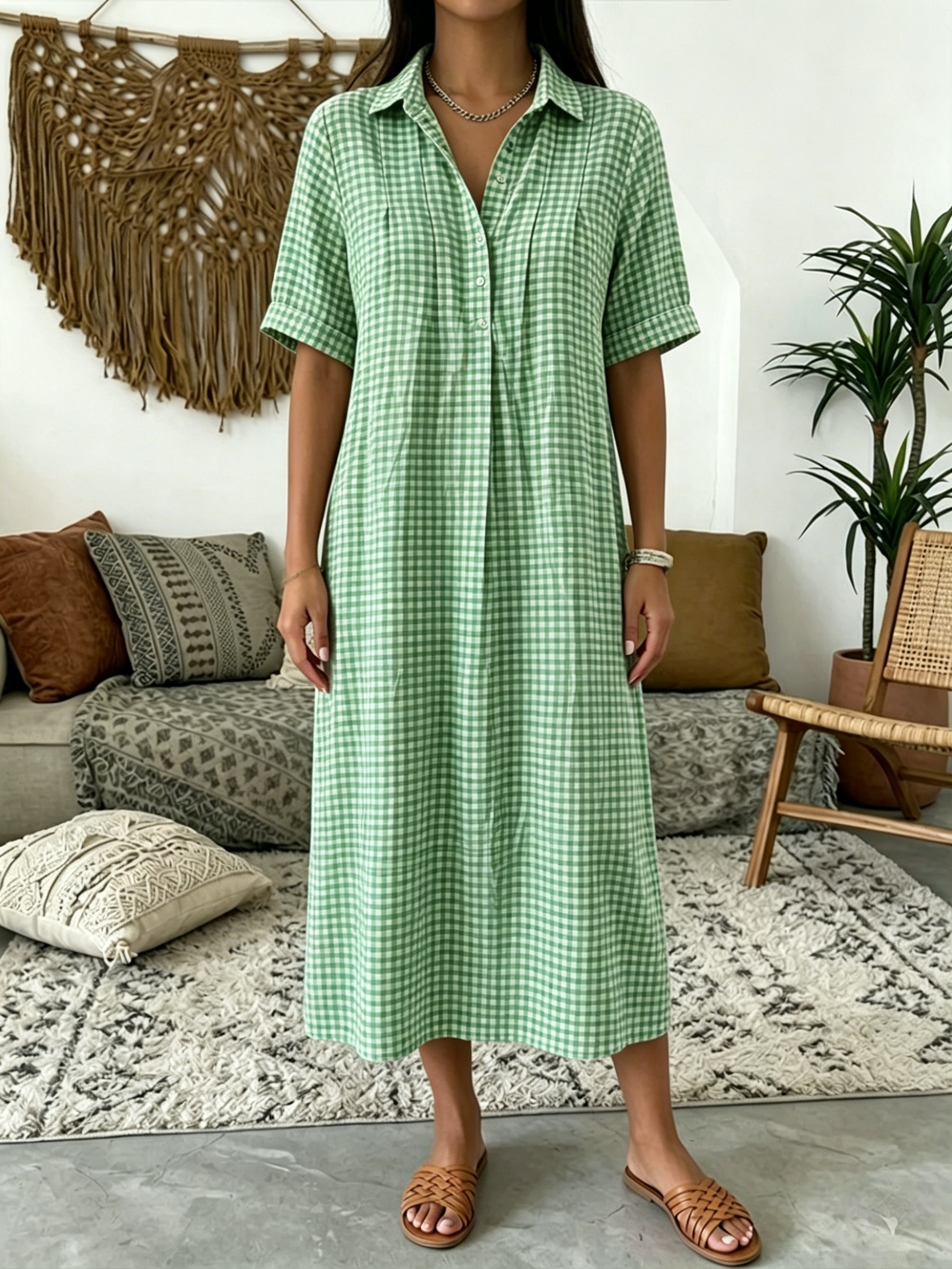 Today 49% off🔥Women’s Classic Cotton& Linen Gingham Shirt Dress