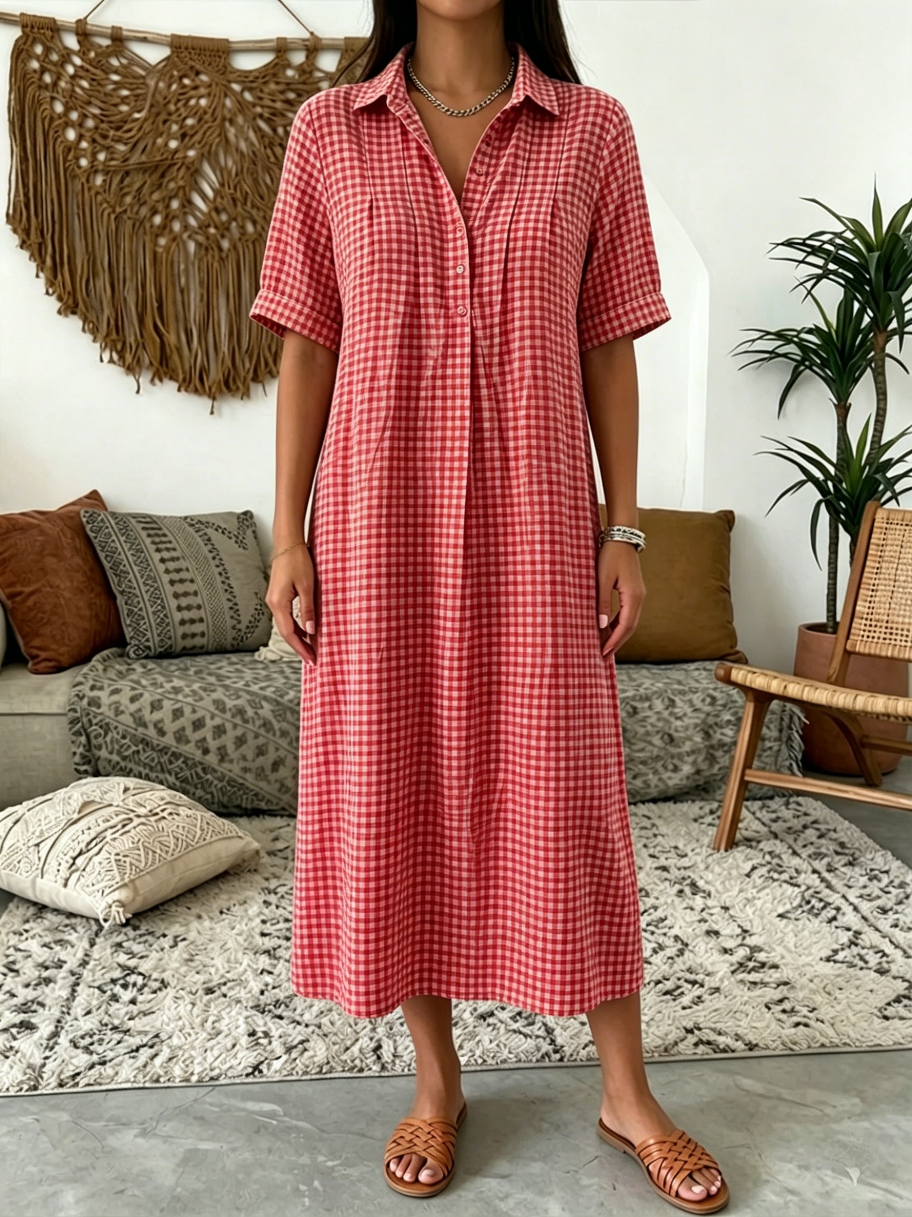 Today 49% off🔥Women’s Classic Cotton& Linen Gingham Shirt Dress