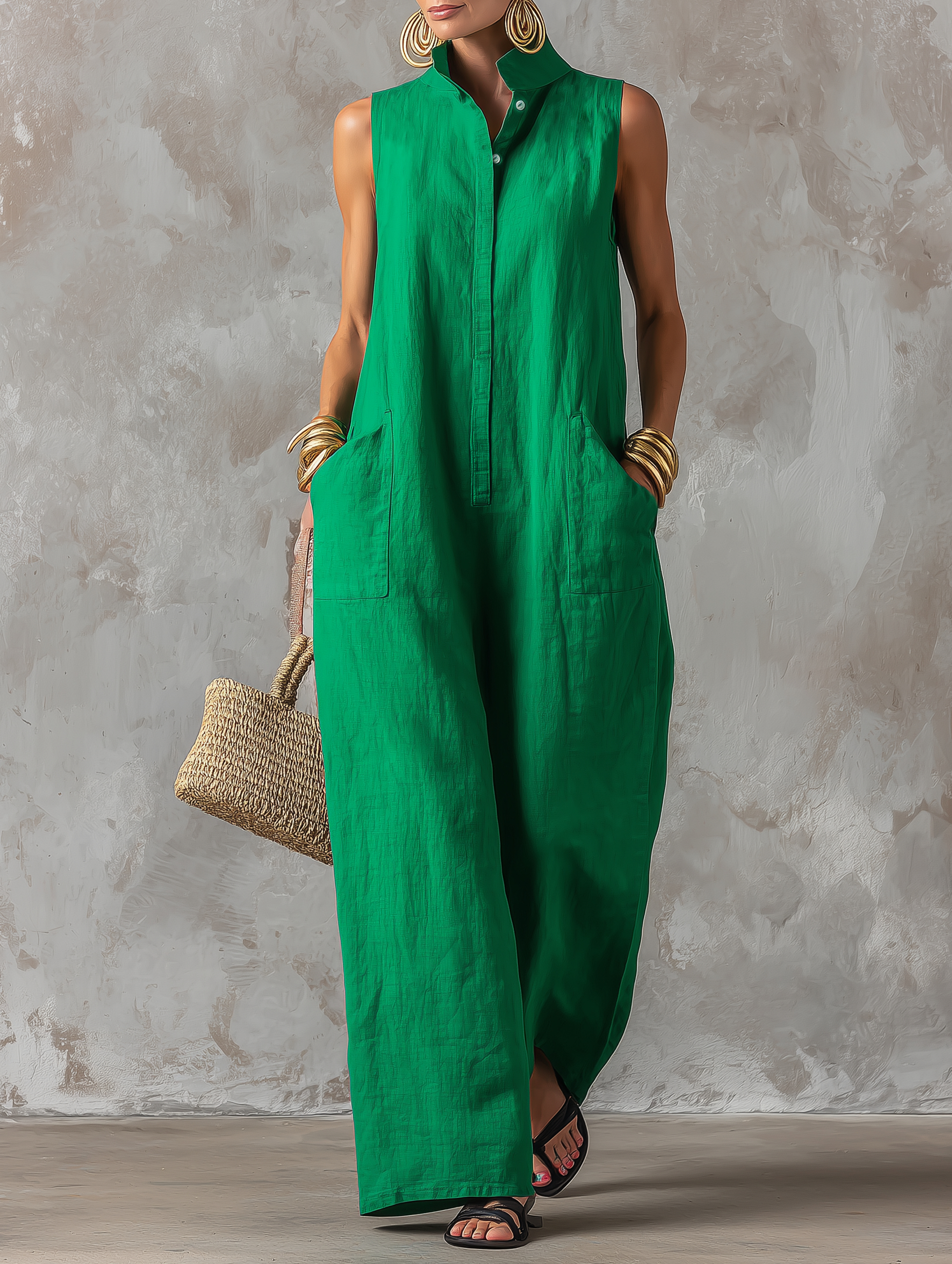 Women’s Casual Cotton-Linen Sleeveless Jumpsuit