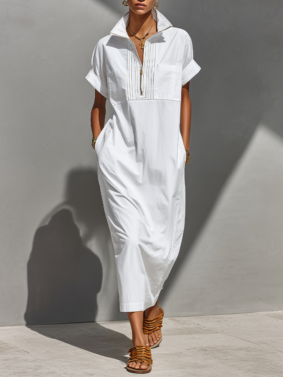 Women’s Casual Cotton Half-Zip Collared Maxi Dress