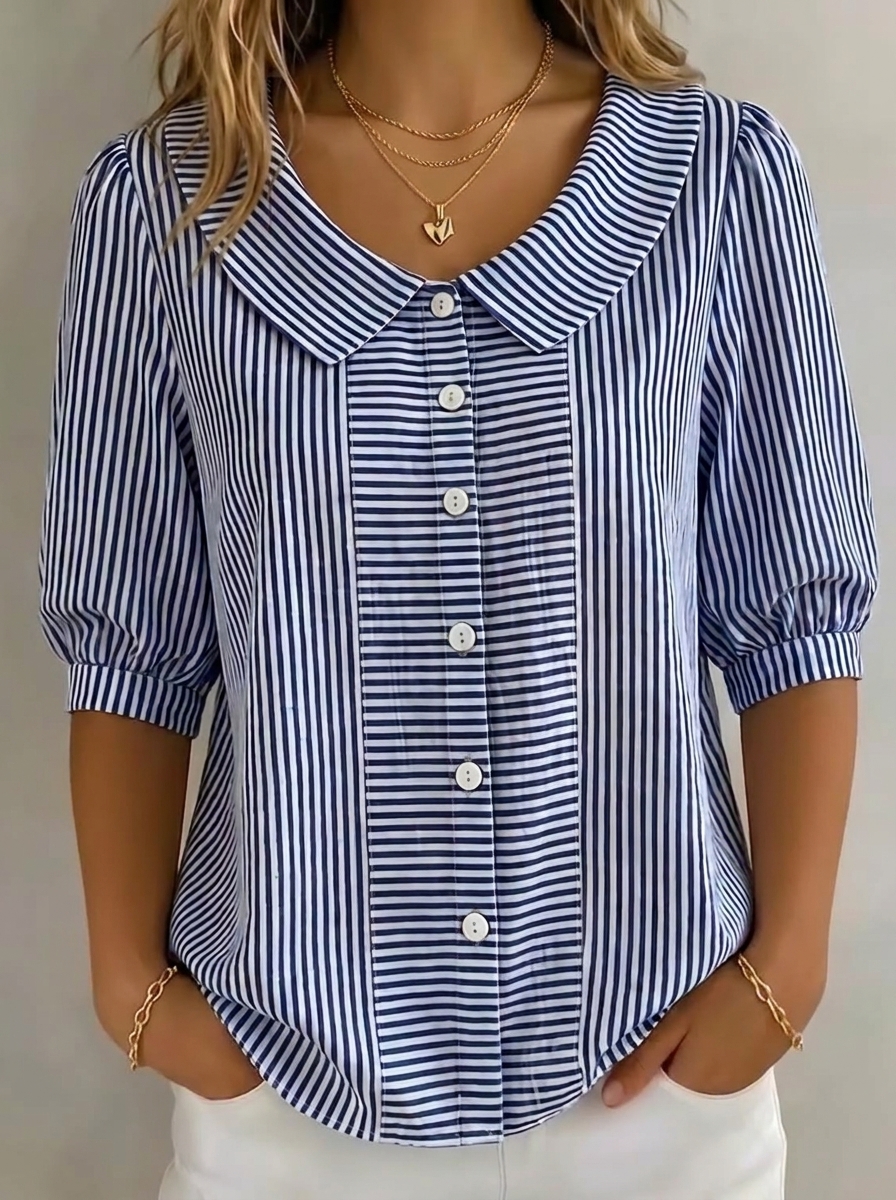 Striped Button-Down Blouse with Peter Pan Collar