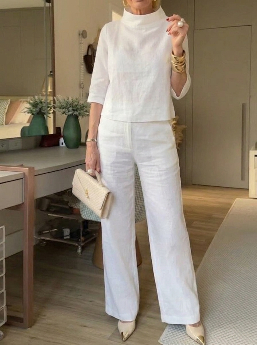 Women's Solid-color Stand-collar 3/4-sleeve Casual Loose Cotton-linen Top & High-waisted Wide-leg Pants Set
