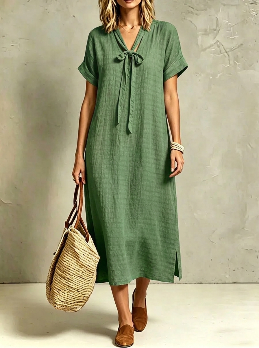 Women's Slits And Ruching Short-sleeve Tie-waist Dress