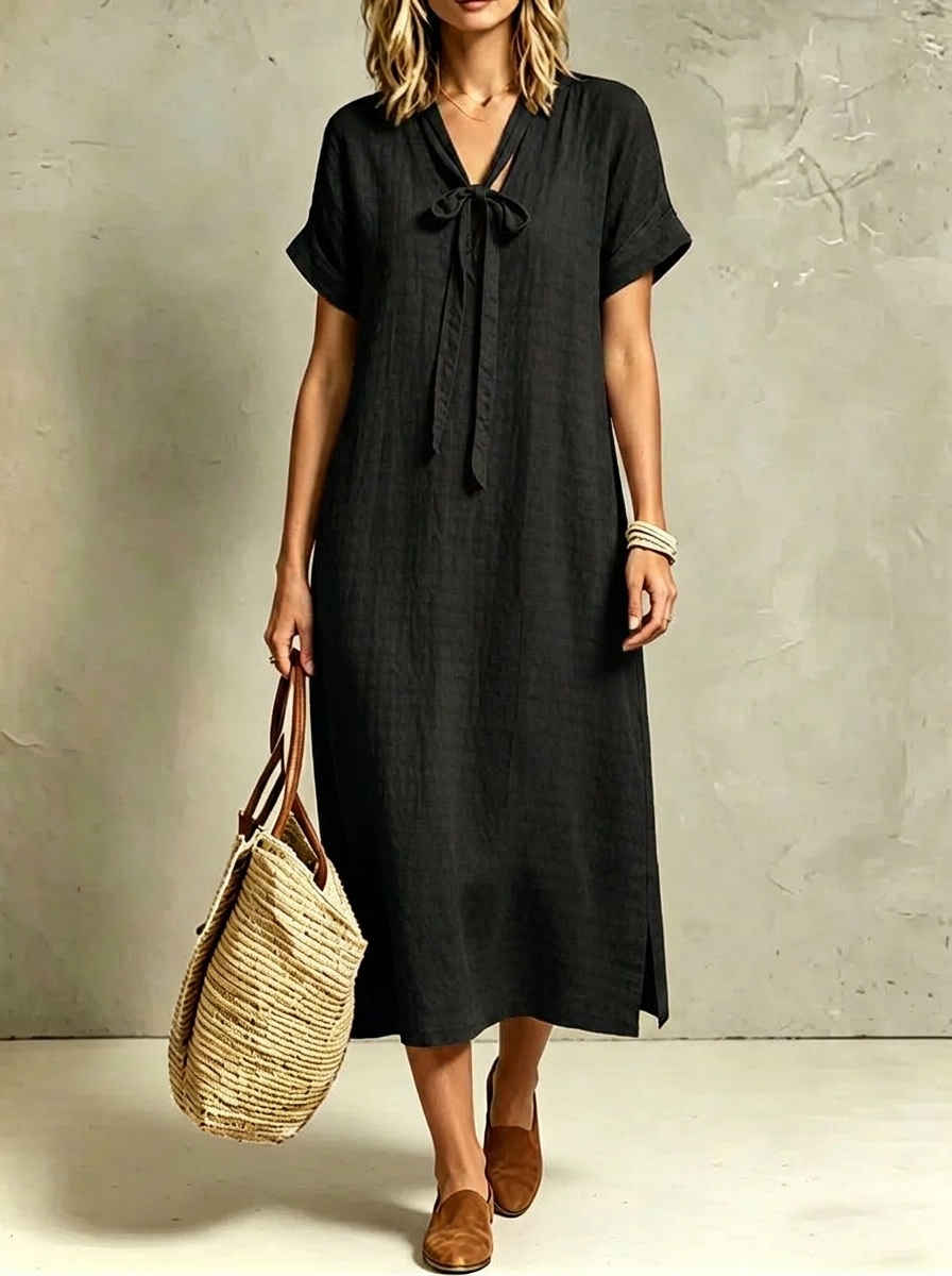 Women's Slits And Ruching Short-sleeve Tie-waist Dress