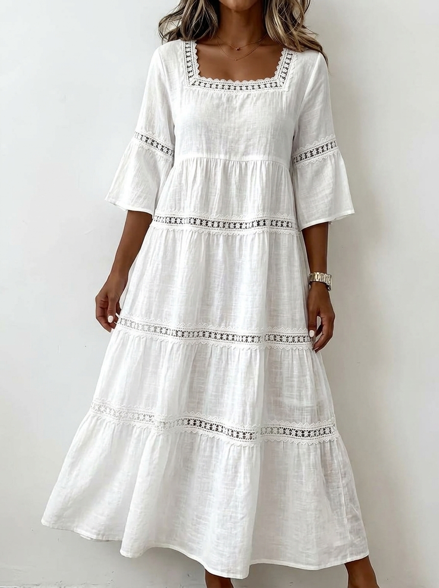 Women’s Square Neck Tiered Lace Maxi Dress
