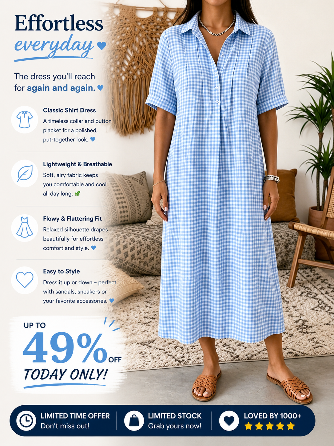 Limited-Time Offer: 49% OFF🔥 Women’s Classic Cotton& Linen Gingham Shirt Dress