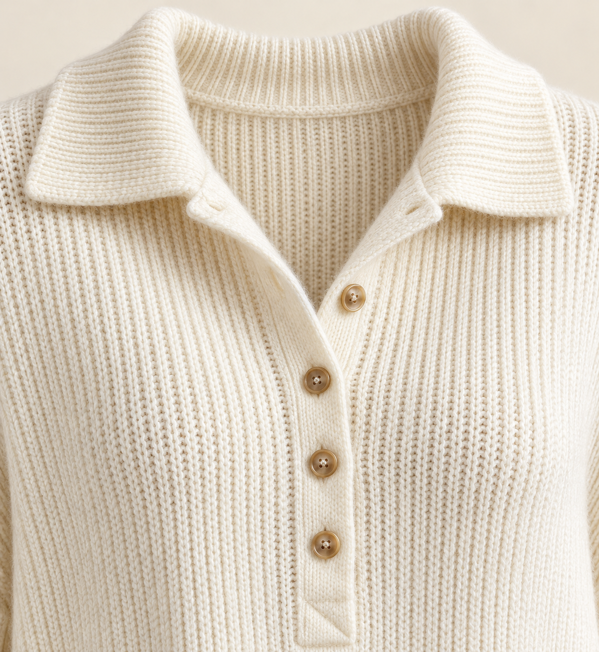 Close-up of the sweater's folded collar and button placket