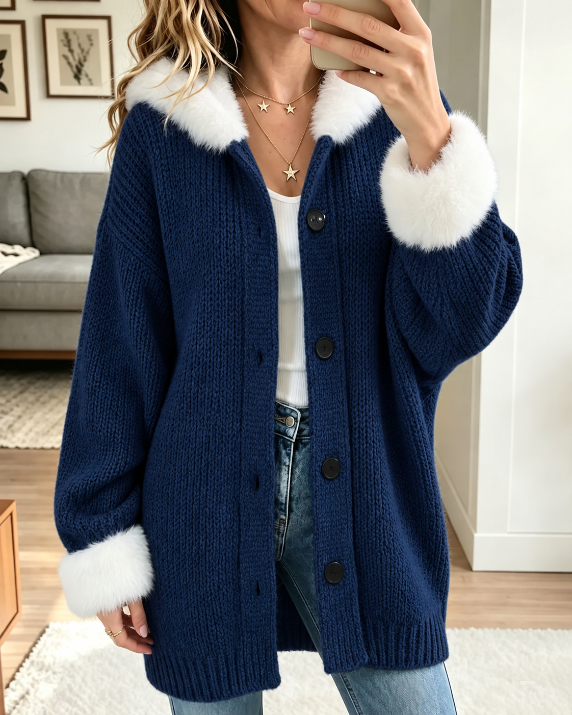 Women Faux Fur Collar Knit Cardigan, Button Down Loose Warm Sweater Coat for Fall Winter