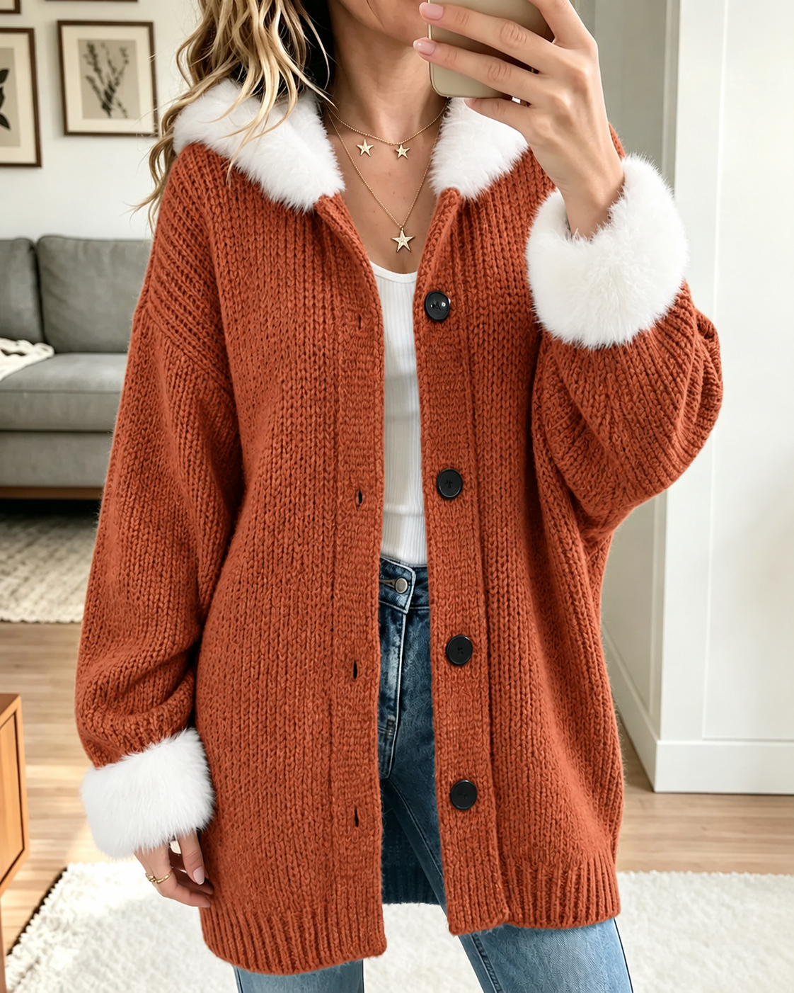 Women Faux Fur Collar Knit Cardigan, Button Down Loose Warm Sweater Coat for Fall Winter