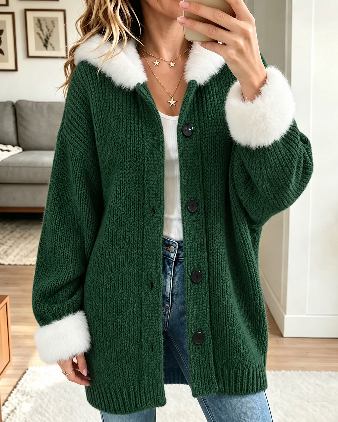 Women Faux Fur Collar Knit Cardigan, Button Down Loose Warm Sweater Coat for Fall Winter