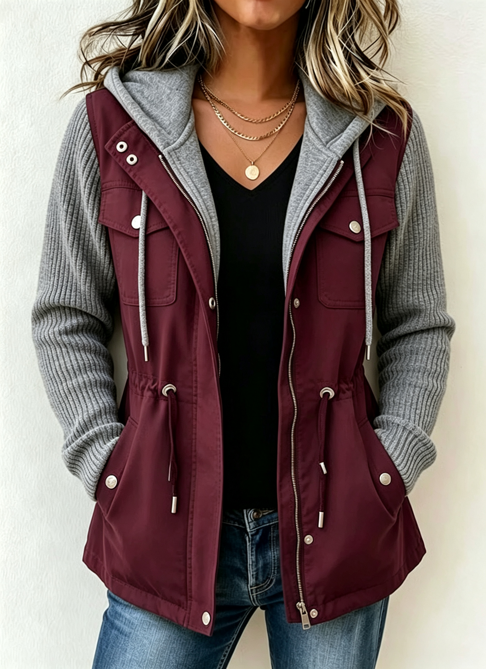 Drawstring Hooded Contrast Sleeve Jacket product image 7