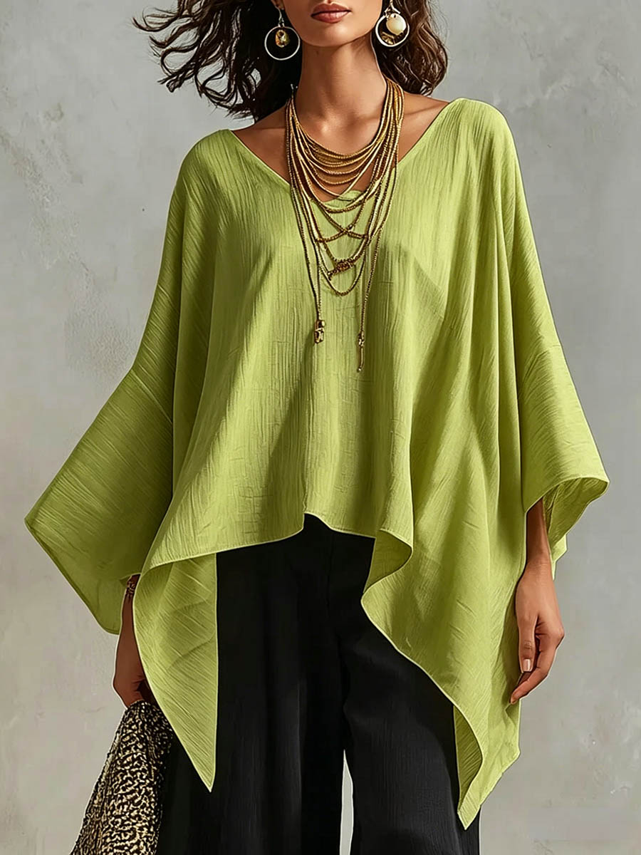 Women's Solid-color V-neck Long-sleeve Casual Loose Cotton-linen Top